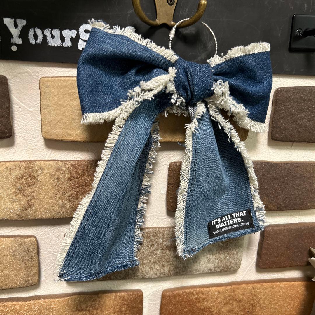 専用デニムリメイク りぼんチャーム りぼん キーホルダー 24-82