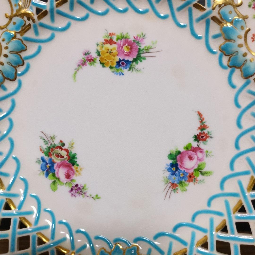 （希少）ミントン社　キャビネットプレート　ターコイズ盛上げ　透かし