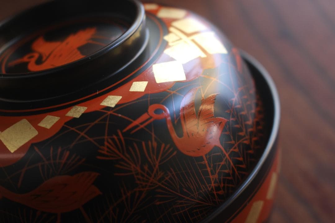 デッドストック！上質黒漆に極上秀衡蒔絵の映えるお椀2点（検山中塗