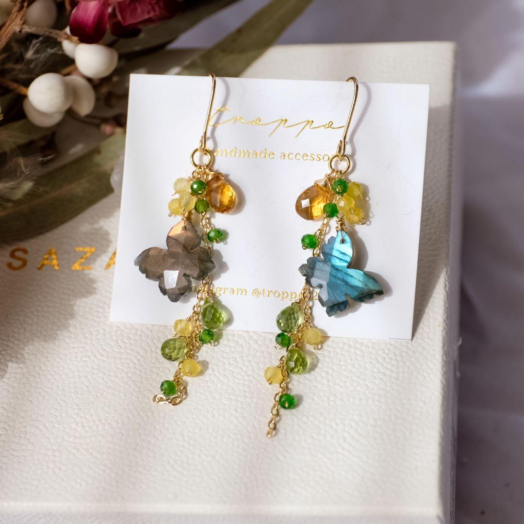 白妙 ♦︎14kgfラブラドライトバタフライカービングピアス/イヤリング