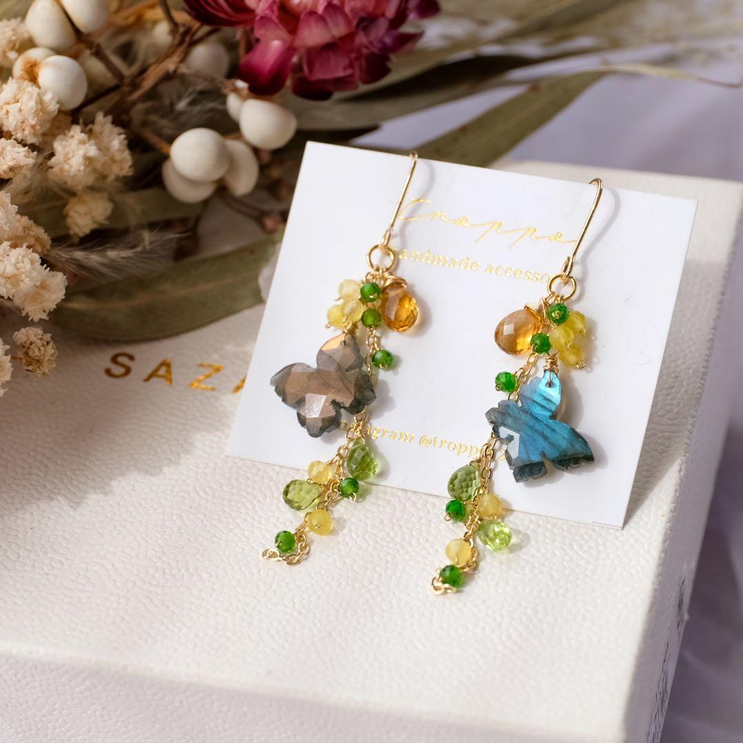 白妙 ♦︎14kgfラブラドライトバタフライカービングピアス/イヤリング