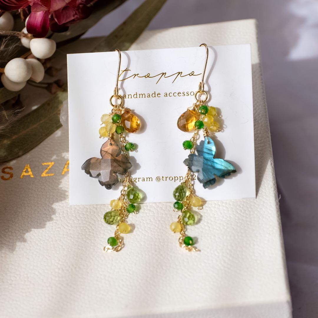 白妙 ♦︎14kgfラブラドライトバタフライカービングピアス/イヤリング