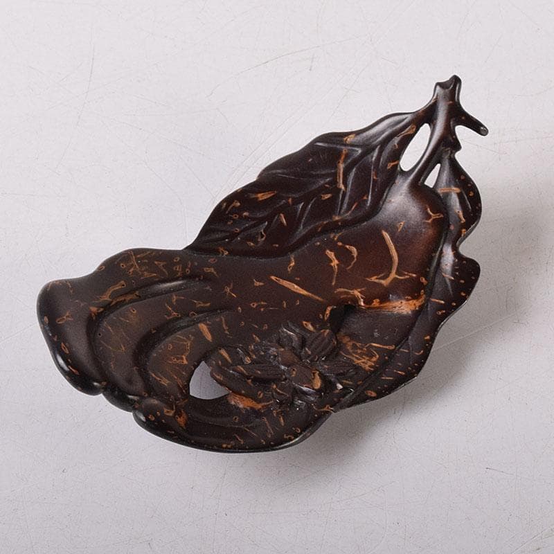 中国　書道具　唐木瘤木製　葉形　墨置　筆置　V　8033