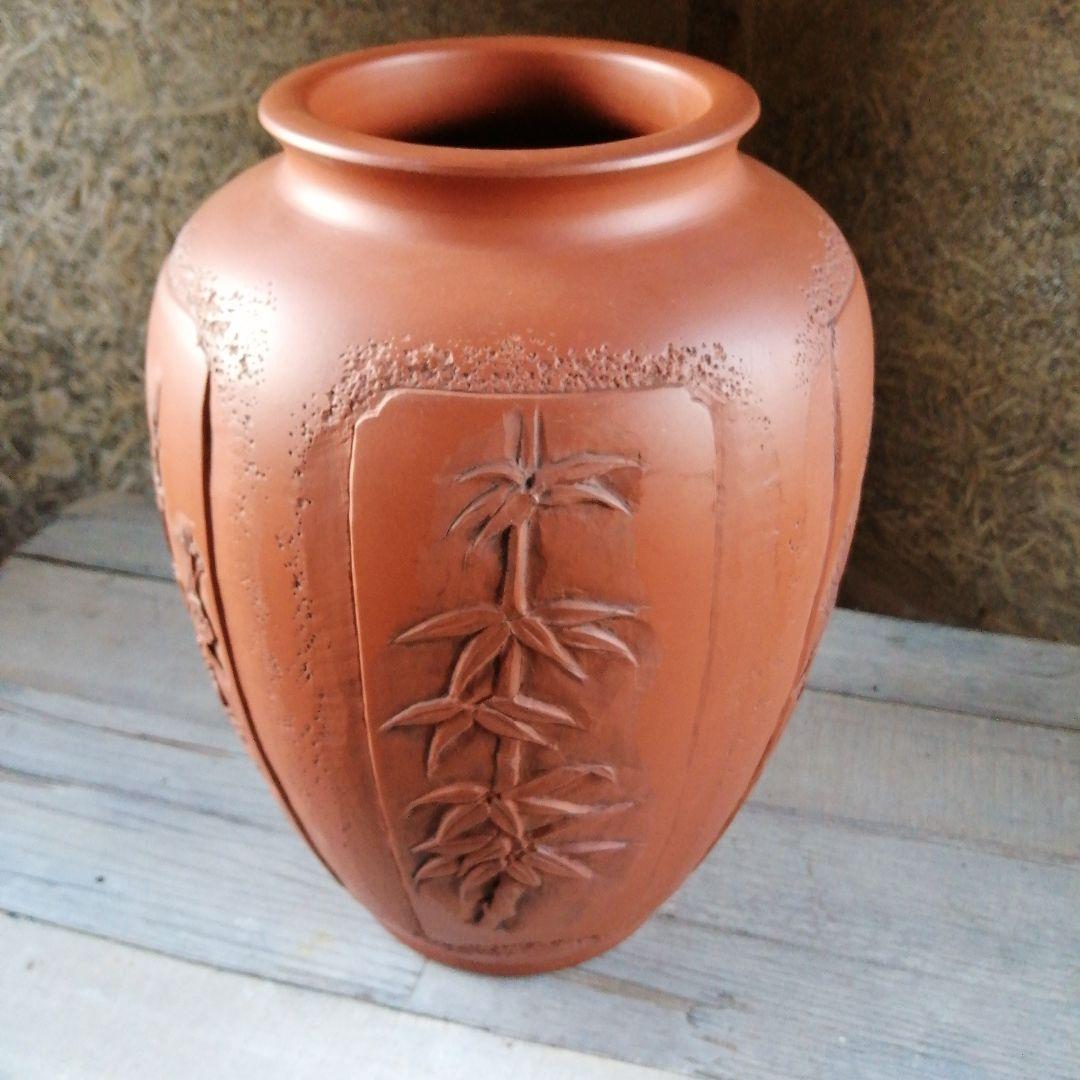 常滑焼　榊原栄山　朱泥五面絵替花瓶　34.5cm