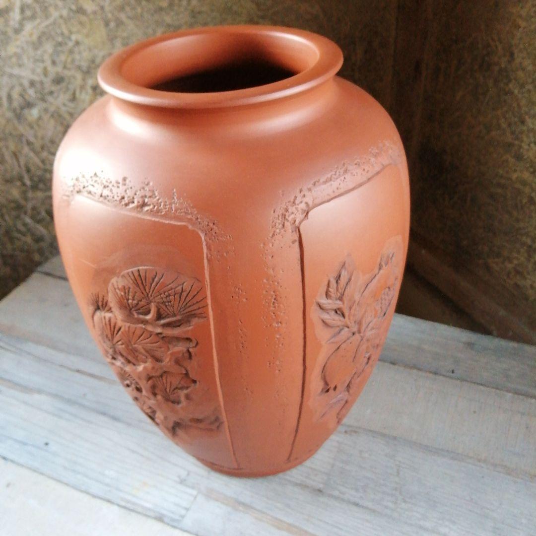 常滑焼　榊原栄山　朱泥五面絵替花瓶　34.5cm