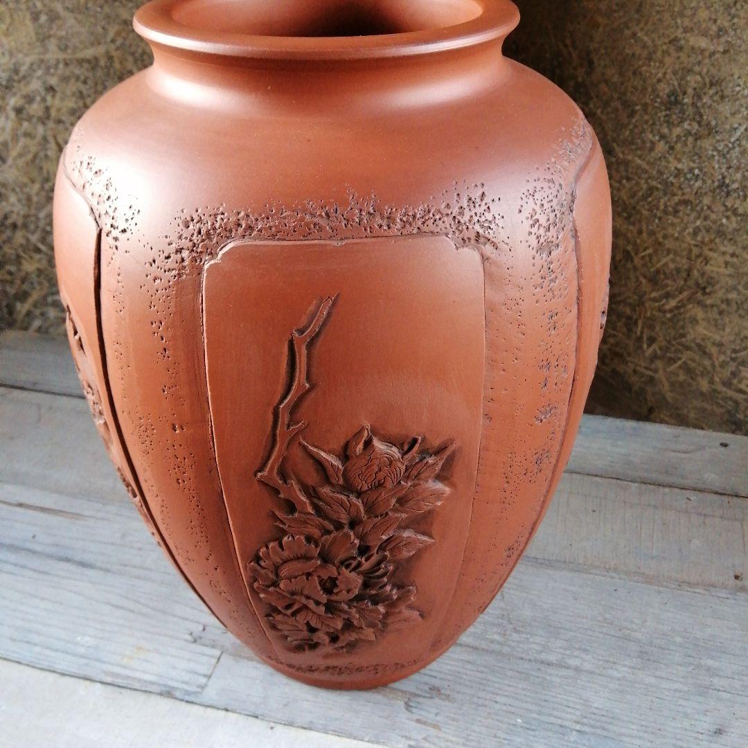 常滑焼　榊原栄山　朱泥五面絵替花瓶　34.5cm