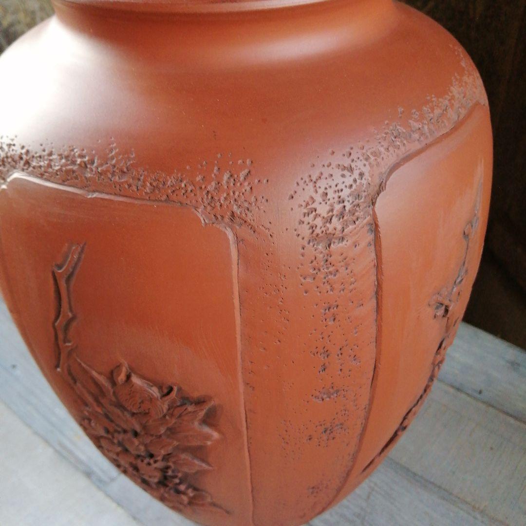 常滑焼　榊原栄山　朱泥五面絵替花瓶　34.5cm