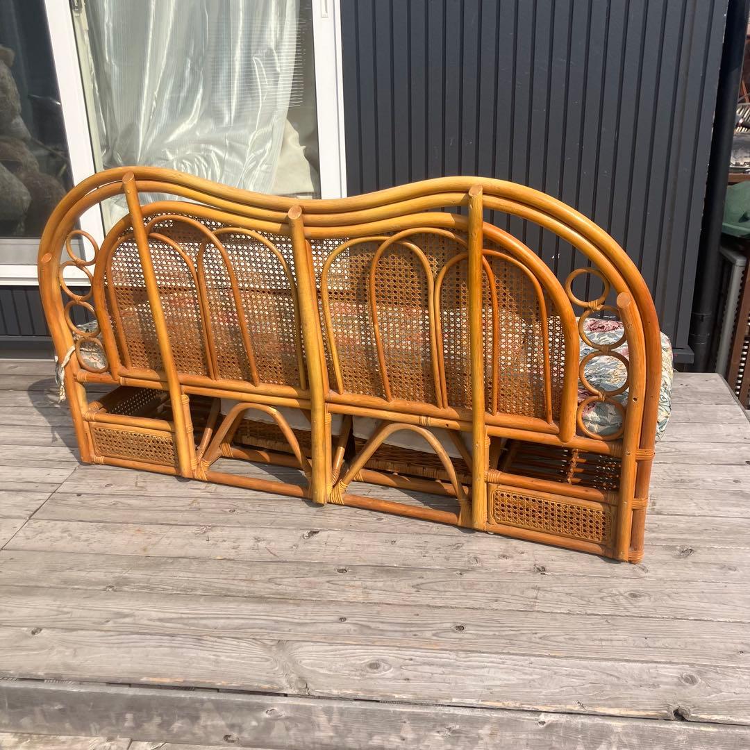 昭和レトロ 花柄ラタンチェア 2人掛けソファー 収納付き 古家具 ビンテージ