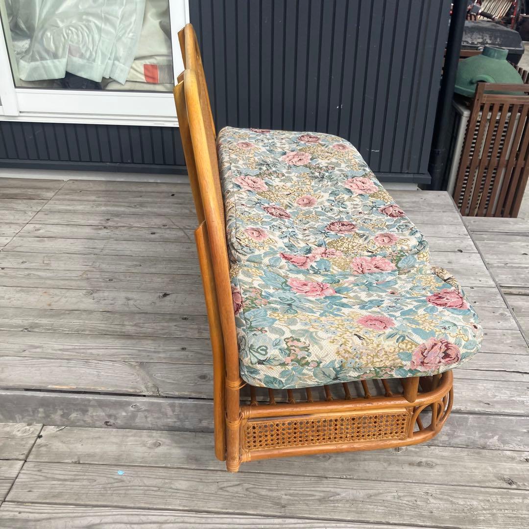 昭和レトロ 花柄ラタンチェア 2人掛けソファー 収納付き 古家具 ビンテージ