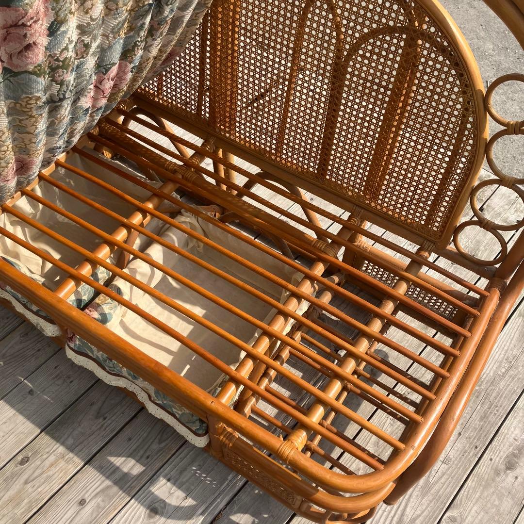 昭和レトロ 花柄ラタンチェア 2人掛けソファー 収納付き 古家具 ビンテージ