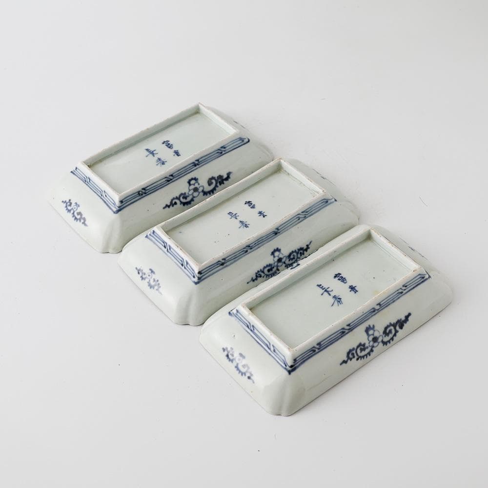 T 古伊万里 錦手 長角皿 3客 富貴長春文様 幕末〜明治初期 色絵 牡丹唐草