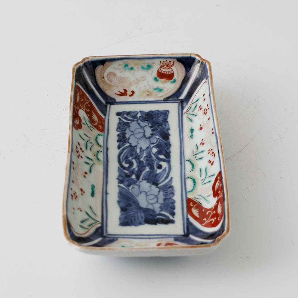 T 古伊万里 錦手 長角皿 3客 富貴長春文様 幕末〜明治初期 色絵 牡丹唐草