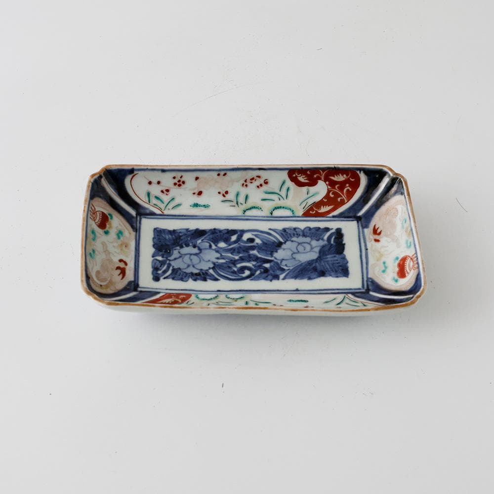 T 古伊万里 錦手 長角皿 3客 富貴長春文様 幕末〜明治初期 色絵 牡丹唐草