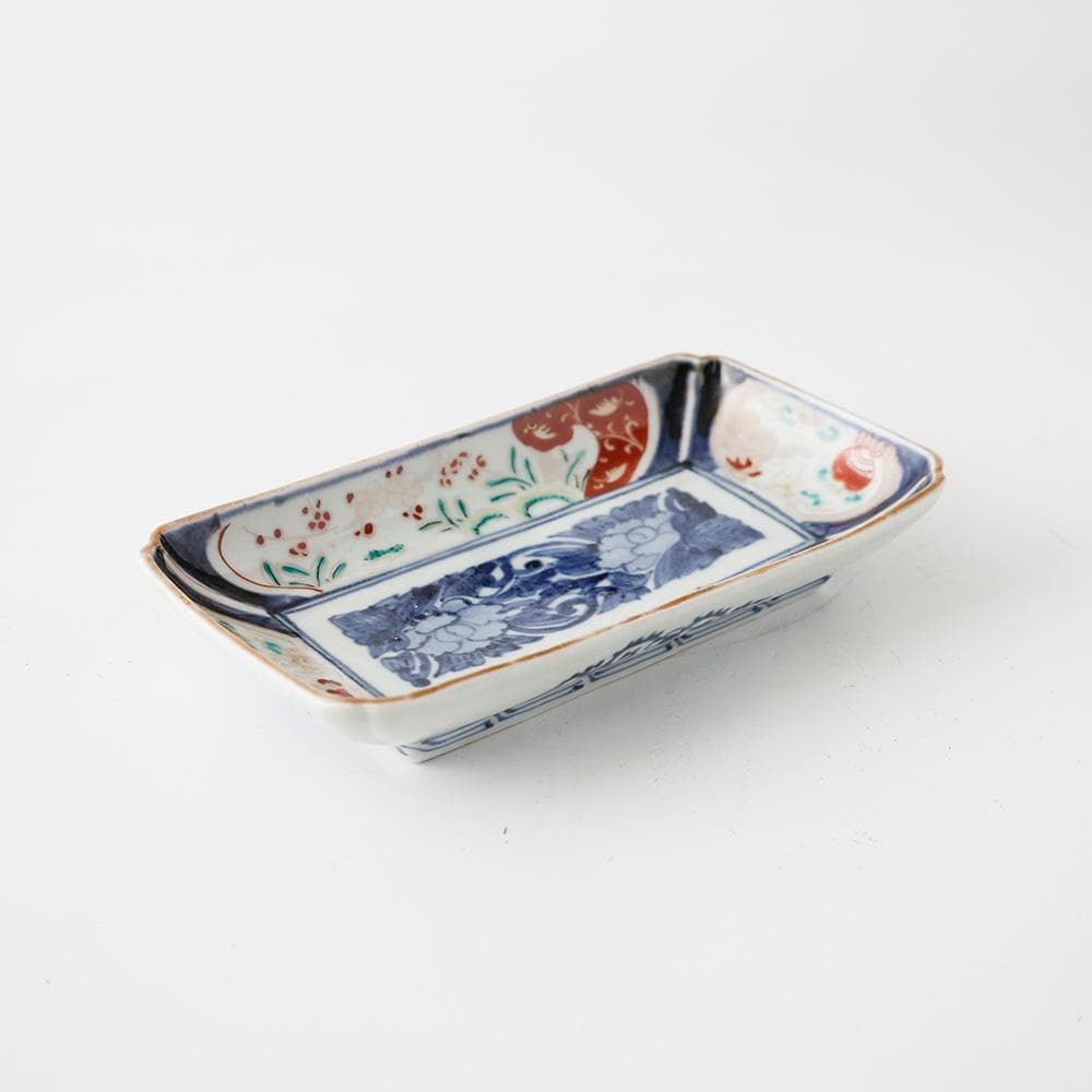 T 古伊万里 錦手 長角皿 3客 富貴長春文様 幕末〜明治初期 色絵 牡丹唐草