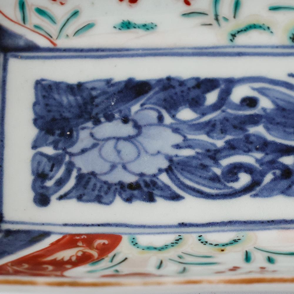 T 古伊万里 錦手 長角皿 3客 富貴長春文様 幕末〜明治初期 色絵 牡丹唐草