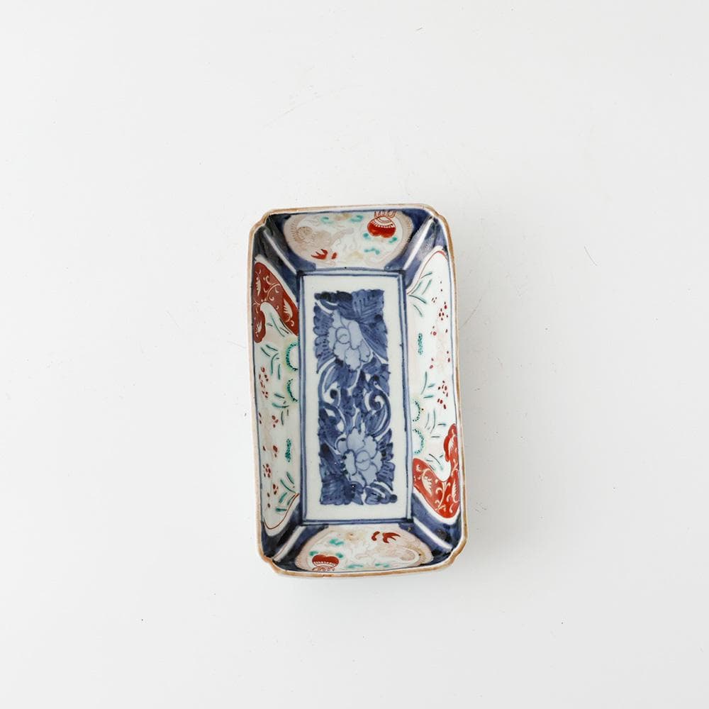 T 古伊万里 錦手 長角皿 3客 富貴長春文様 幕末〜明治初期 色絵 牡丹唐草