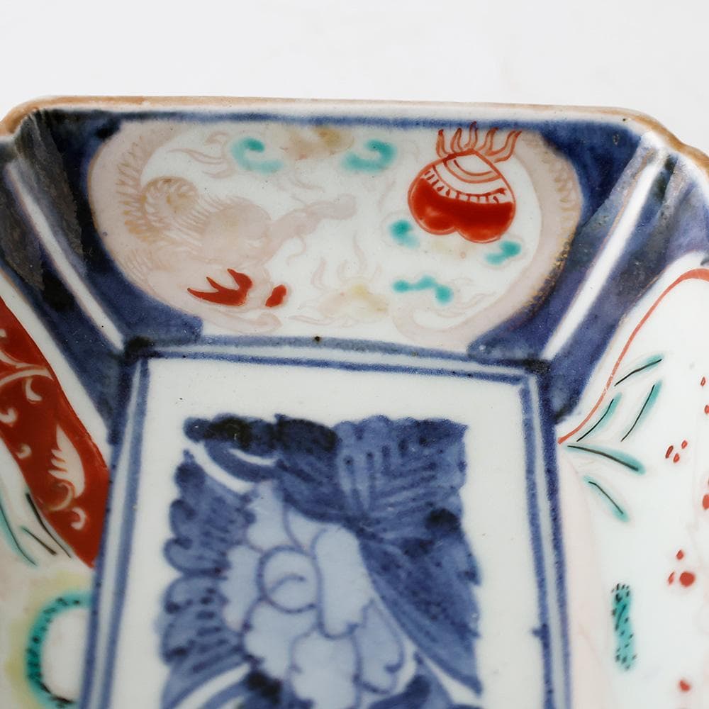 T 古伊万里 錦手 長角皿 3客 富貴長春文様 幕末〜明治初期 色絵 牡丹唐草