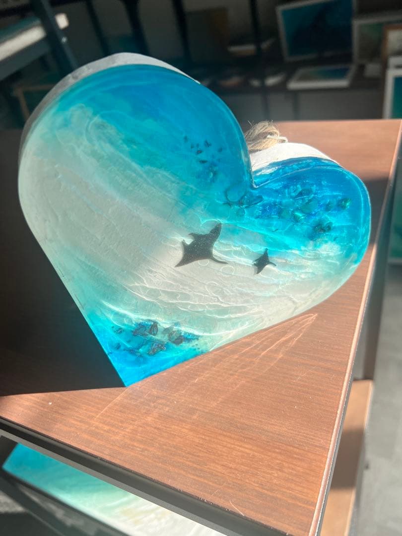 【波紋アート】ハート型／マンタの遊泳／オーシャンオブジェ／壁掛け