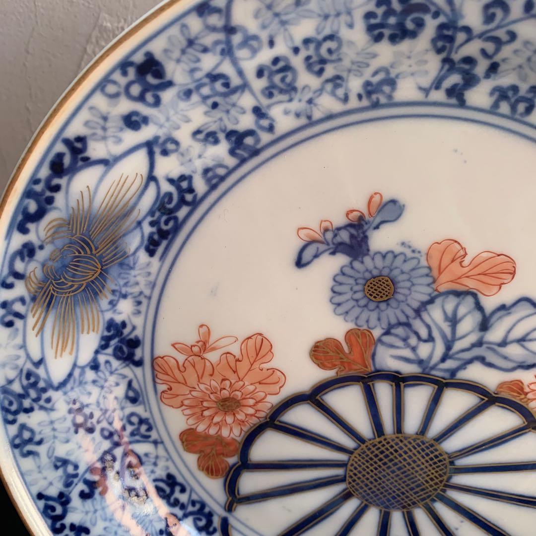 大聖寺伊万里 菊花微塵唐草文 中皿 金襴手 角福 18cm 2客セット 美品