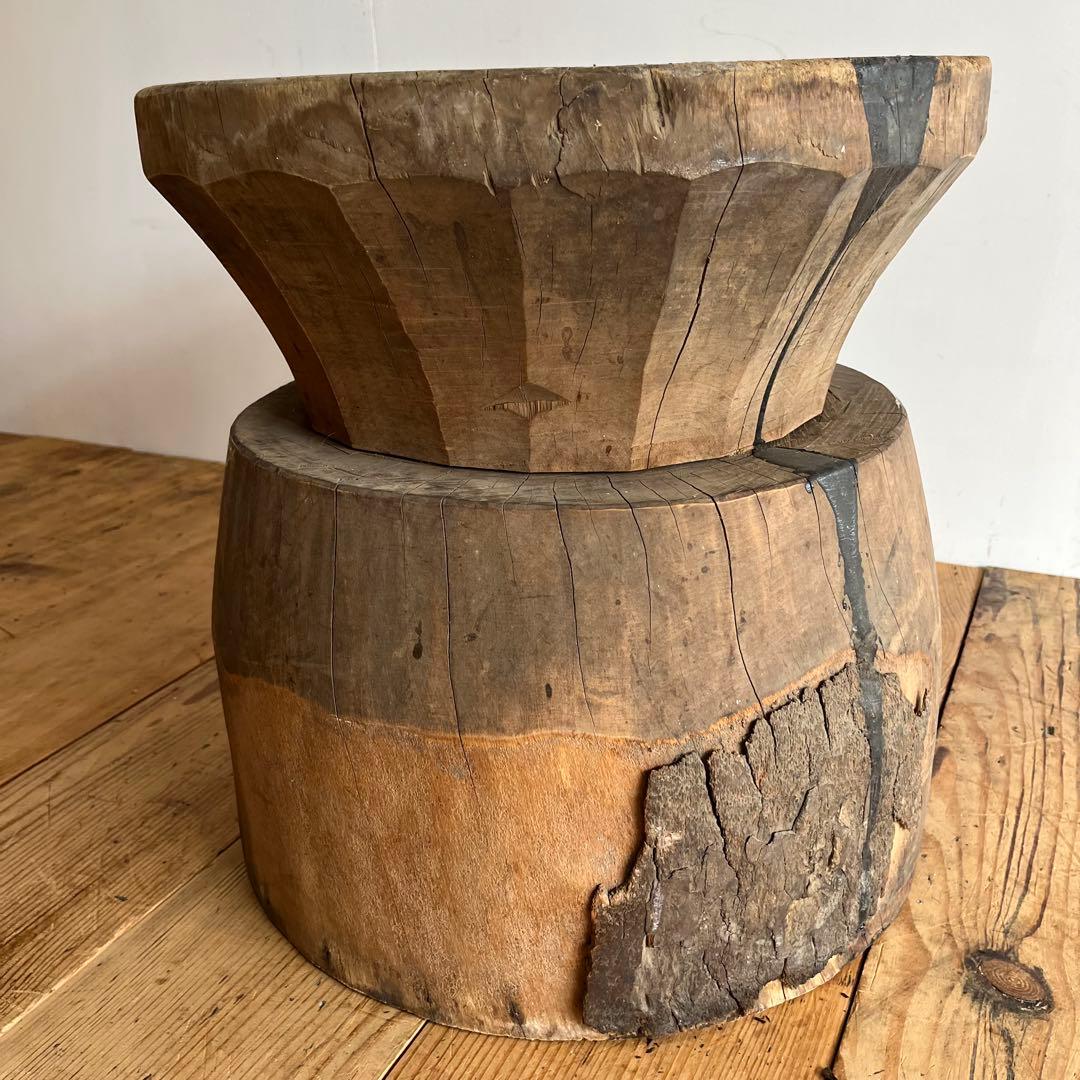 アンティーク ローテーブル 椅子 欅 臼 プリミティブ 無塗装 送料込