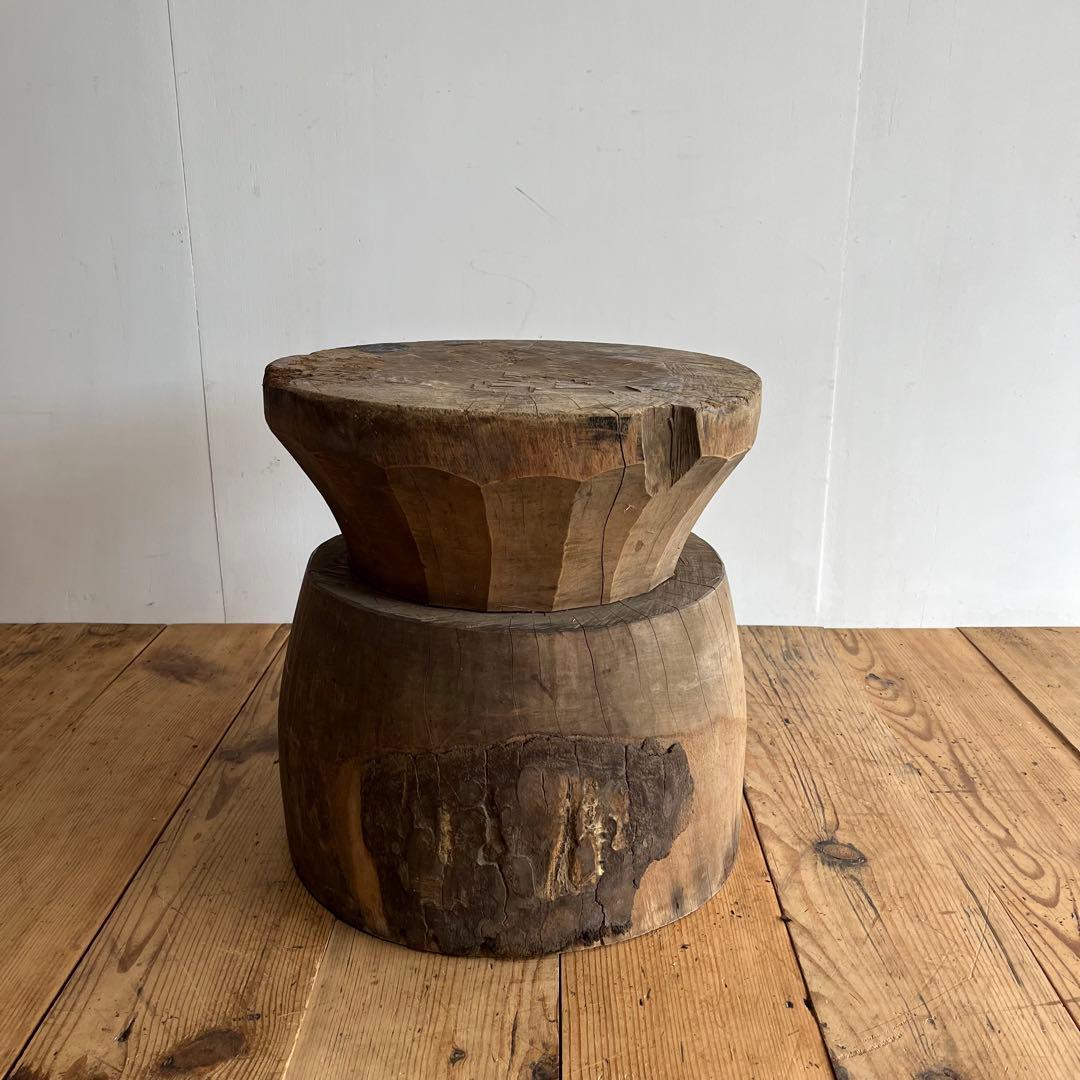 アンティーク ローテーブル 椅子 欅 臼 プリミティブ 無塗装 送料込