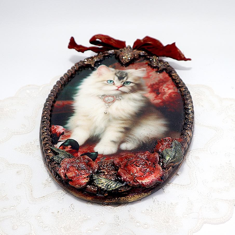 ヴィンティージ風 ペルシャ猫 《小さな女公爵》ロココ調 デコパージュ 壁飾り