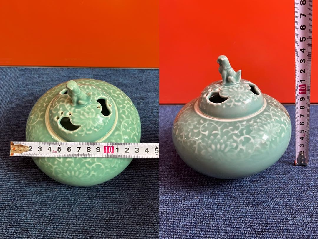 1147  深川製磁　青磁　狛犬摘まみ　香炉　未使用