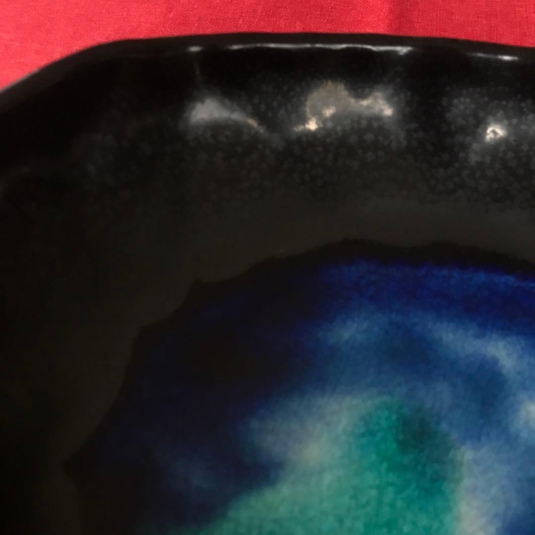 深い青の水色の濃淡が美しい石垣焼大皿　和食器　ガラス釉　楕円皿　陶器　やちむん