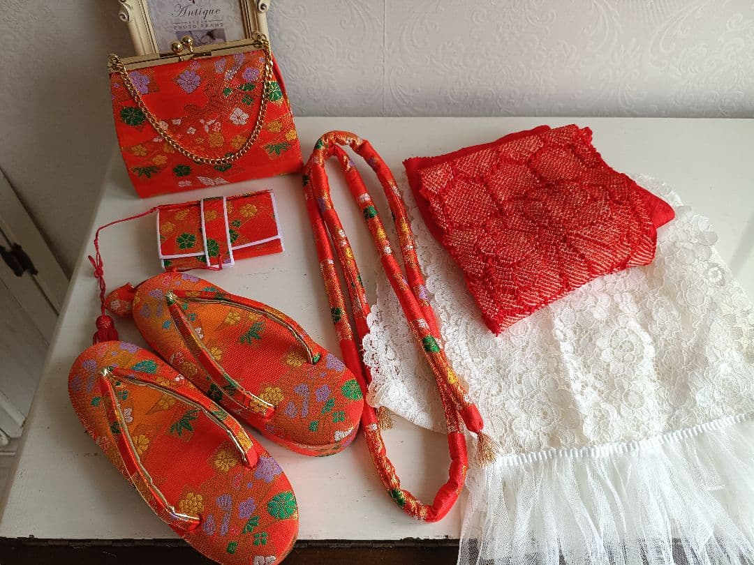 刺繍いりブルーピンクの着物に白シルバーの作り帯セット☆七五三などに