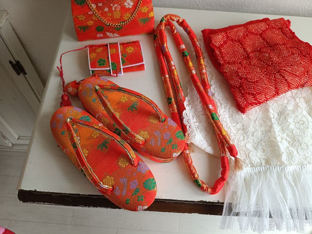 刺繍いりブルーピンクの着物に白シルバーの作り帯セット☆七五三などに