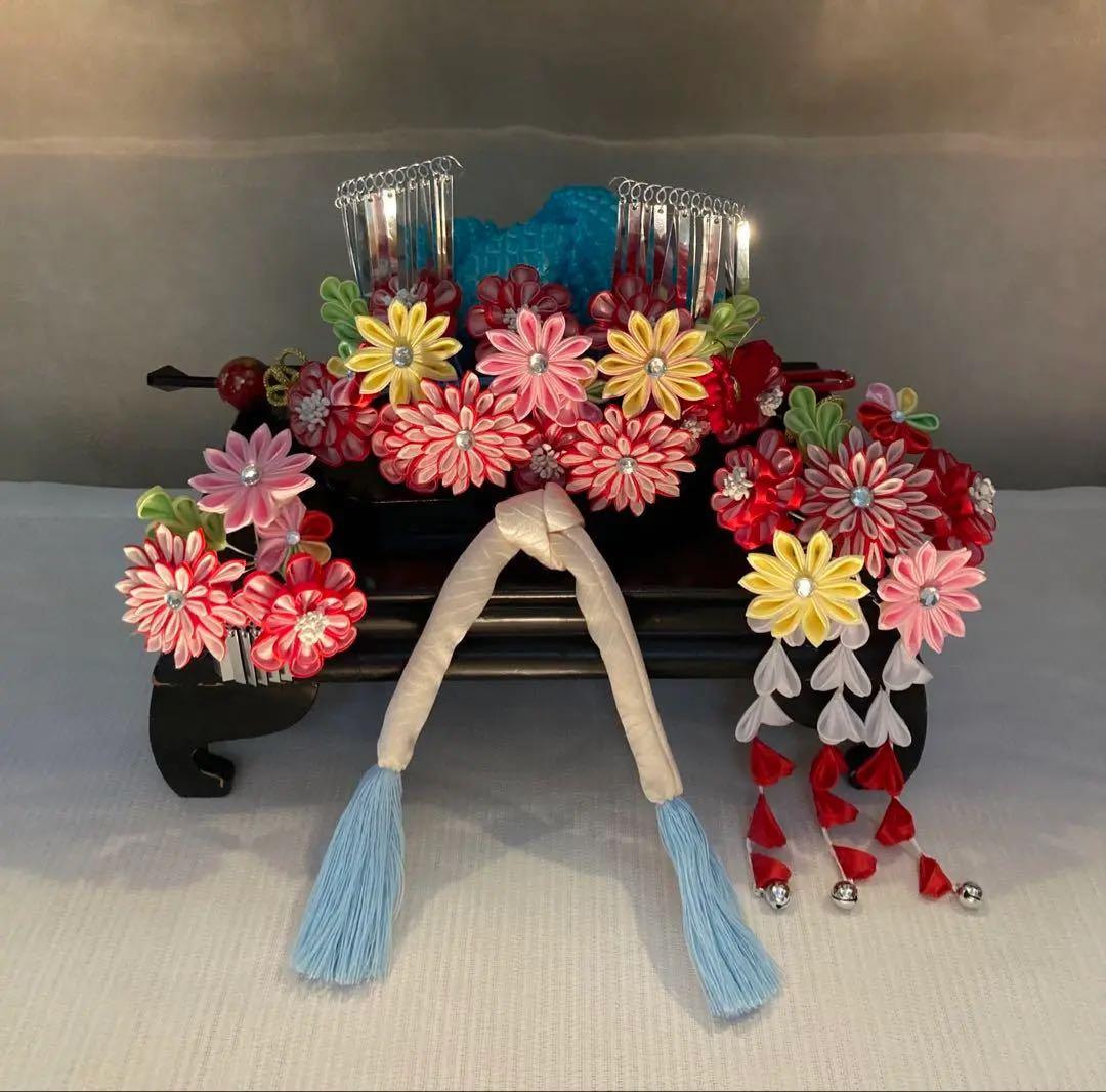 専用　七五三　菊と天竺牡丹のカラフル勝山簪　玉簪　Uピン簪　後挿し