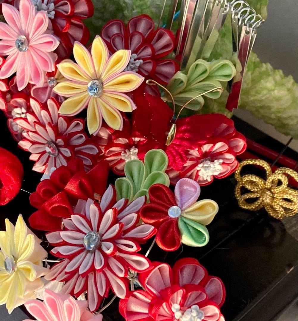 専用　七五三　菊と天竺牡丹のカラフル勝山簪　玉簪　Uピン簪　後挿し