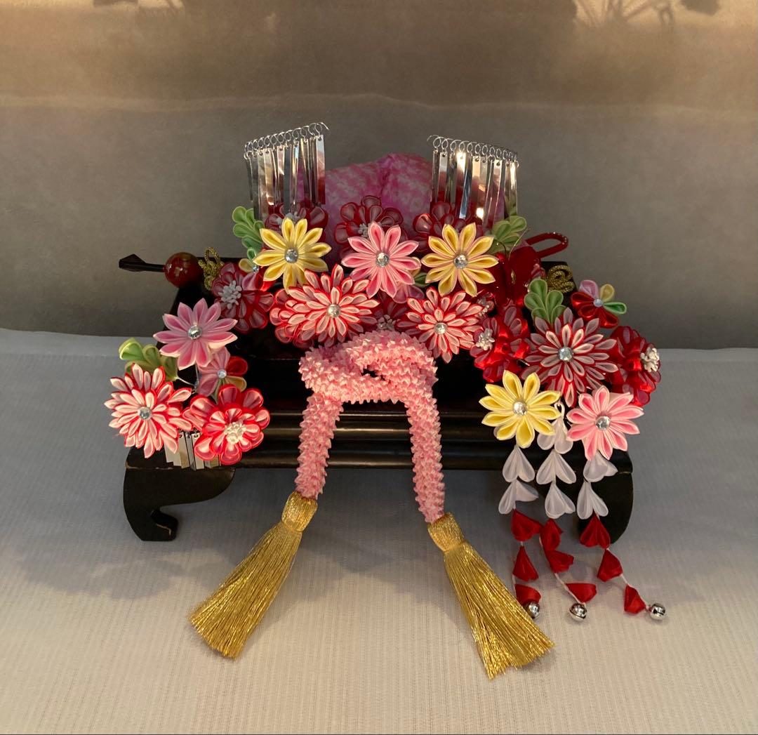 専用　七五三　菊と天竺牡丹のカラフル勝山簪　玉簪　Uピン簪　後挿し
