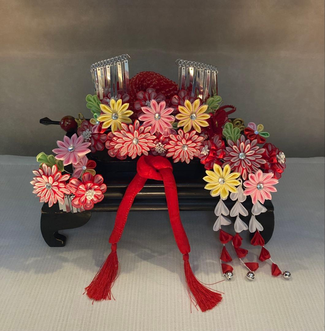 専用　七五三　菊と天竺牡丹のカラフル勝山簪　玉簪　Uピン簪　後挿し