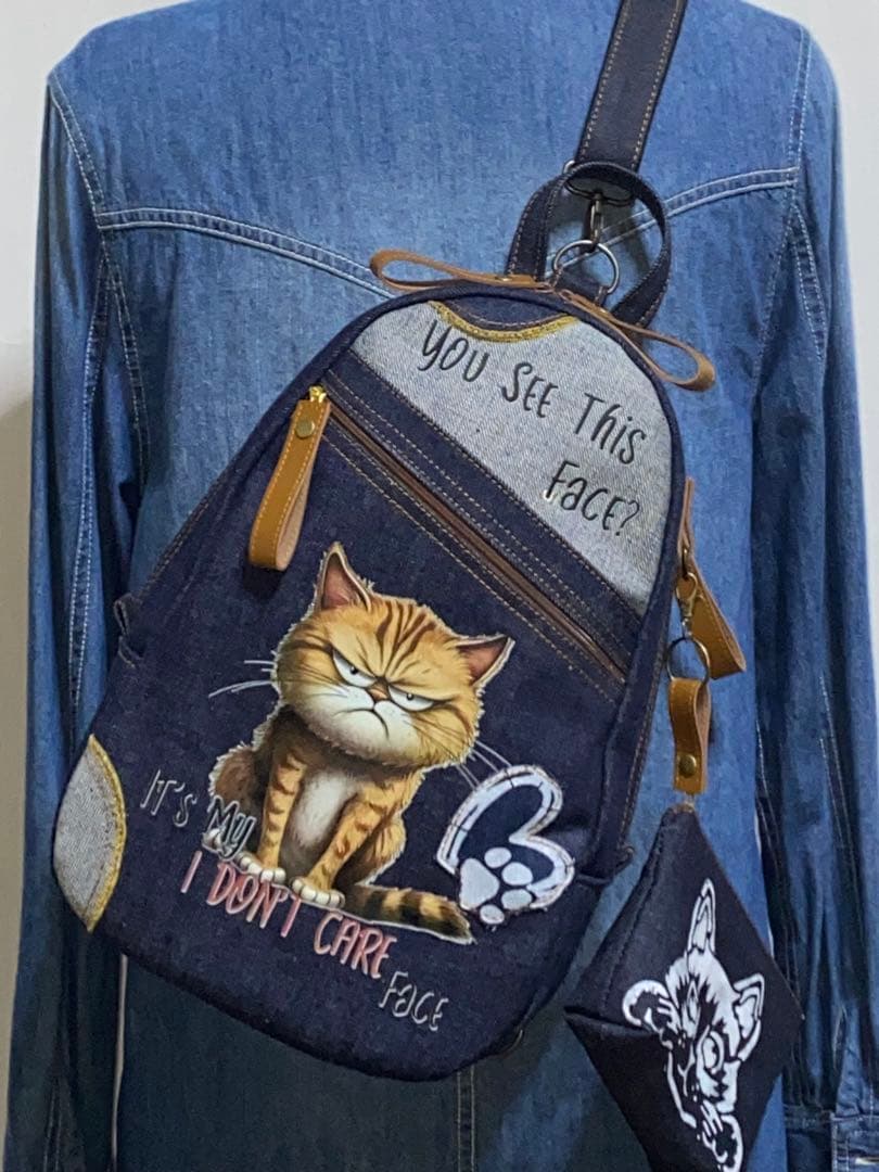 男女兼用☆岡山デニム♪ステンシル☆トラネコ♪リュックorワンショルダーバッグ