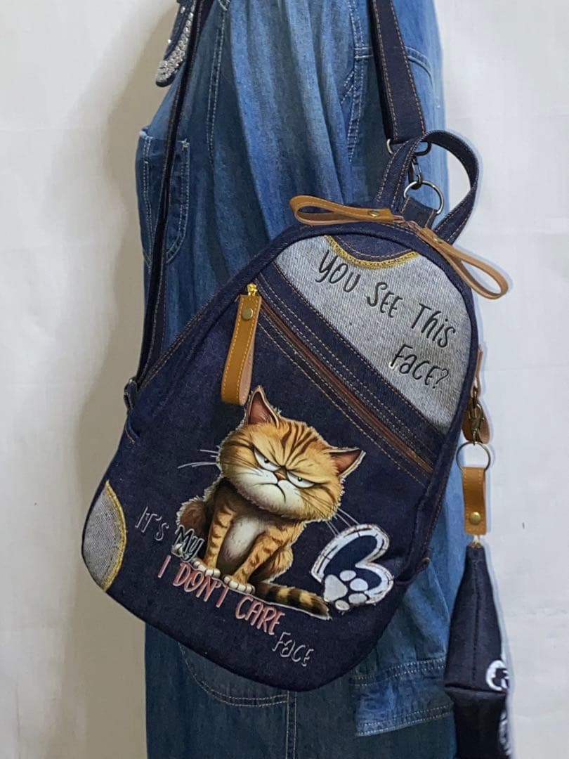 男女兼用☆岡山デニム♪ステンシル☆トラネコ♪リュックorワンショルダーバッグ