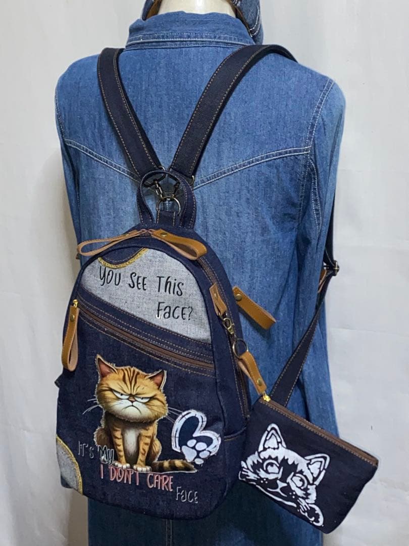 男女兼用☆岡山デニム♪ステンシル☆トラネコ♪リュックorワンショルダーバッグ