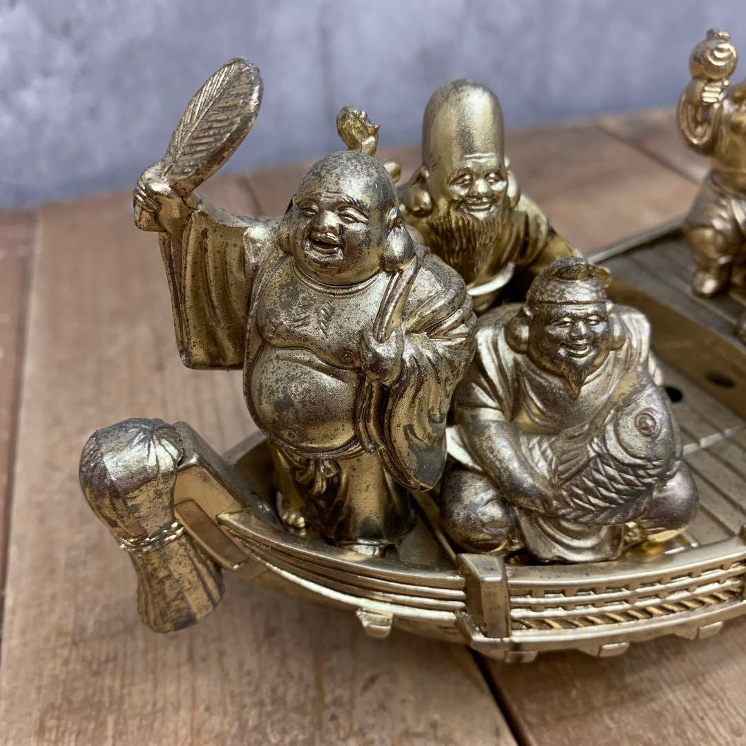 3F 【縁起物】七福神 宝船 置物 真鍮製 金属製 帆取り外し可能 商売