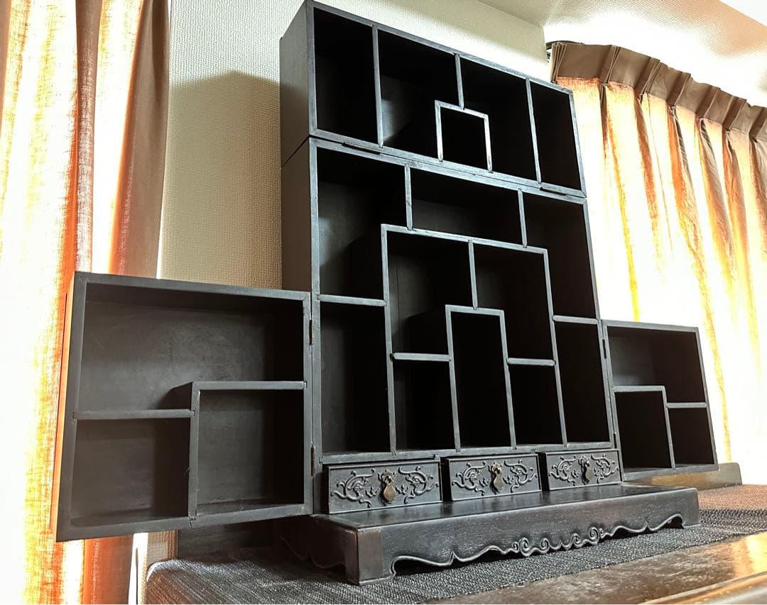 ☆黄金龍の豪華彫刻が美しい木製飾り棚☆ヴィンテージ家具 骨董