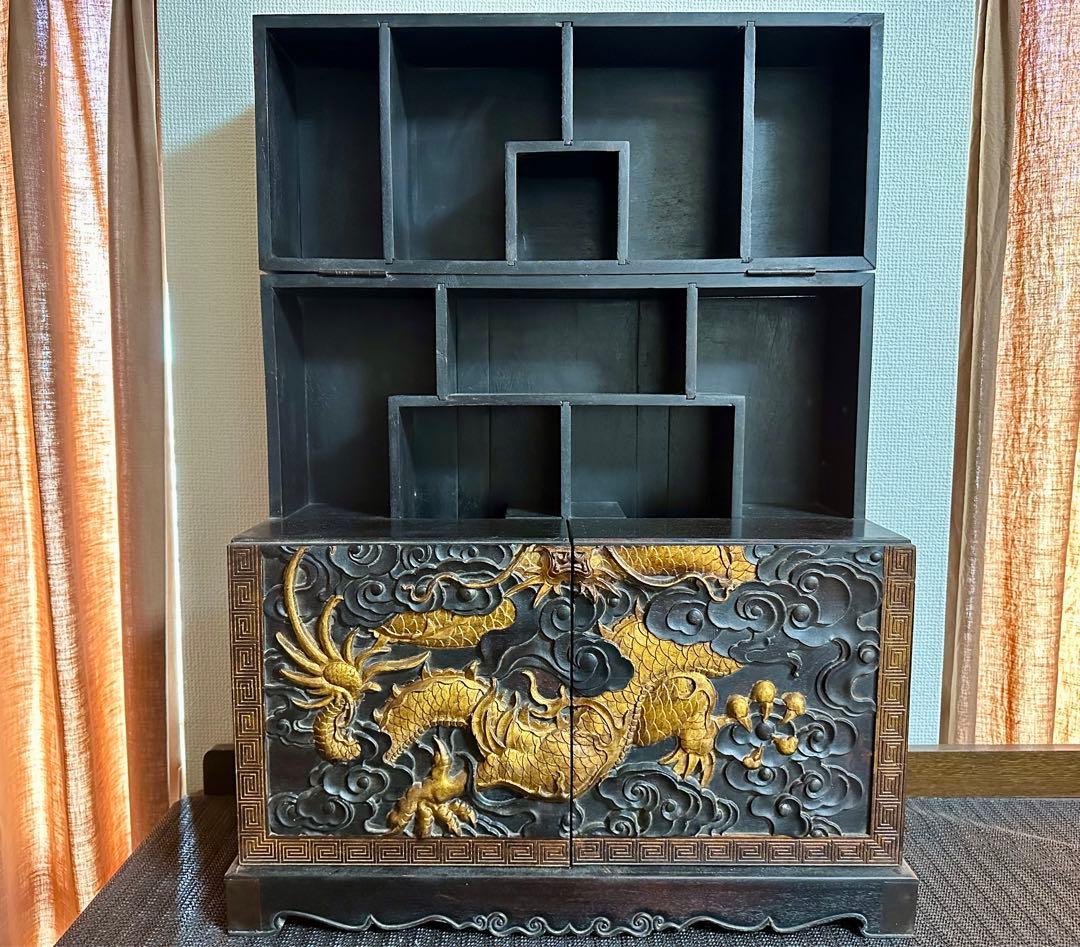☆黄金龍の豪華彫刻が美しい木製飾り棚☆ヴィンテージ家具 骨董