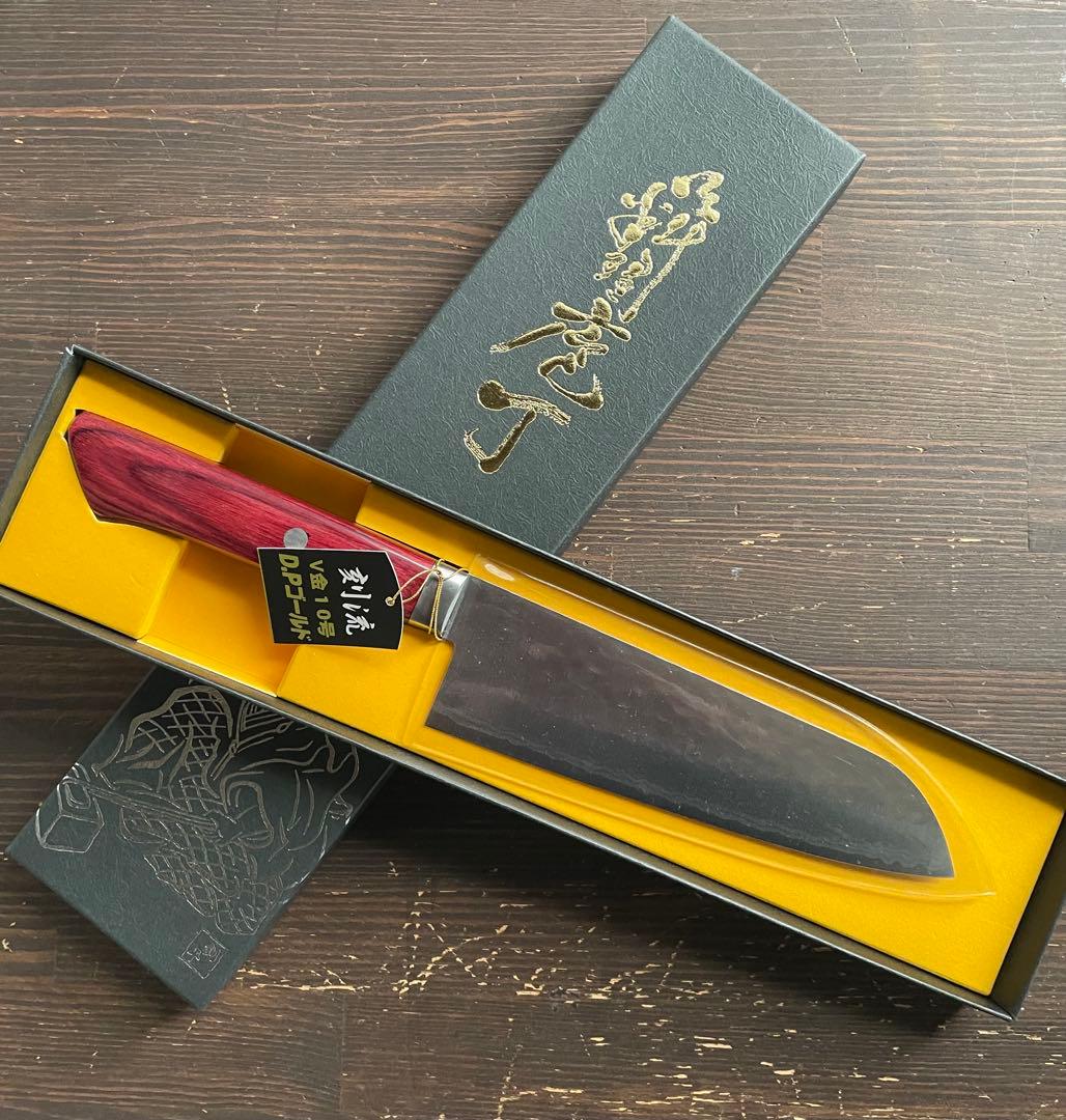 増谷刃物 三徳包丁VG10ステンレス積層槌目 刻流 口金有レッド柄