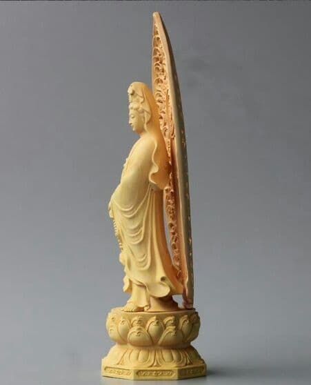 黄楊木彫 背屏蓮華 淨瓶観音仏像 置物 工芸品