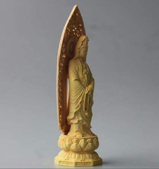 黄楊木彫 背屏蓮華 淨瓶観音仏像 置物 工芸品