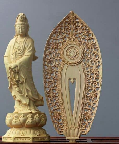 黄楊木彫 背屏蓮華 淨瓶観音仏像 置物 工芸品