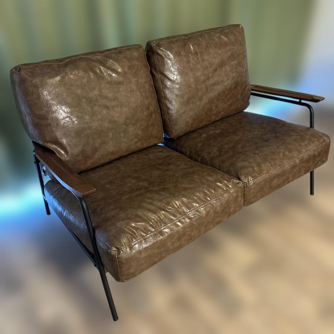 ブラウン 合成皮革 2人掛けソファ