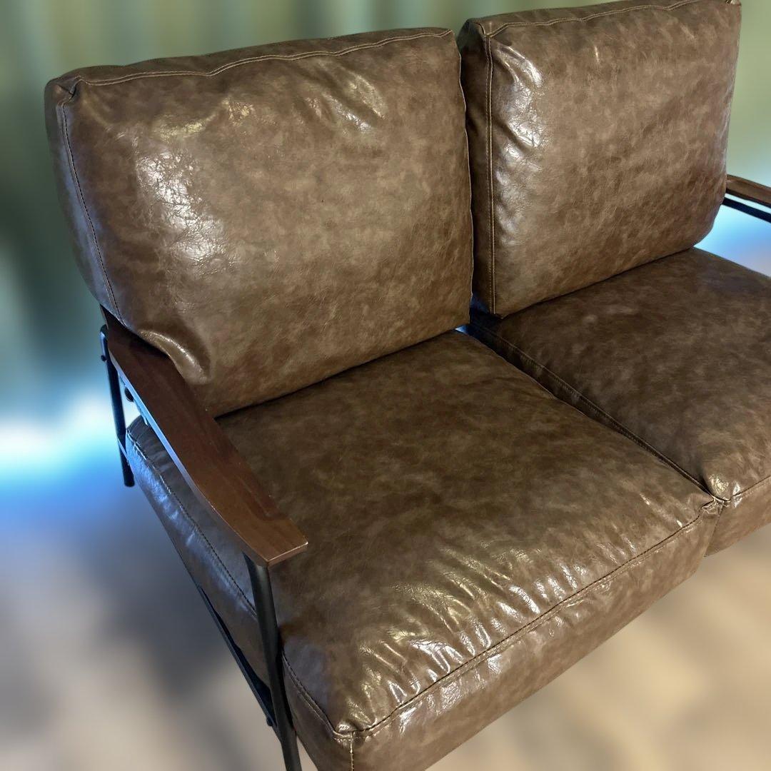 ブラウン 合成皮革 2人掛けソファ