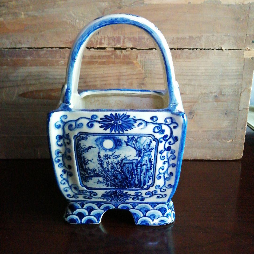 瀬戸焼　染付四方手桶　17.5cm　明治～昭和初期