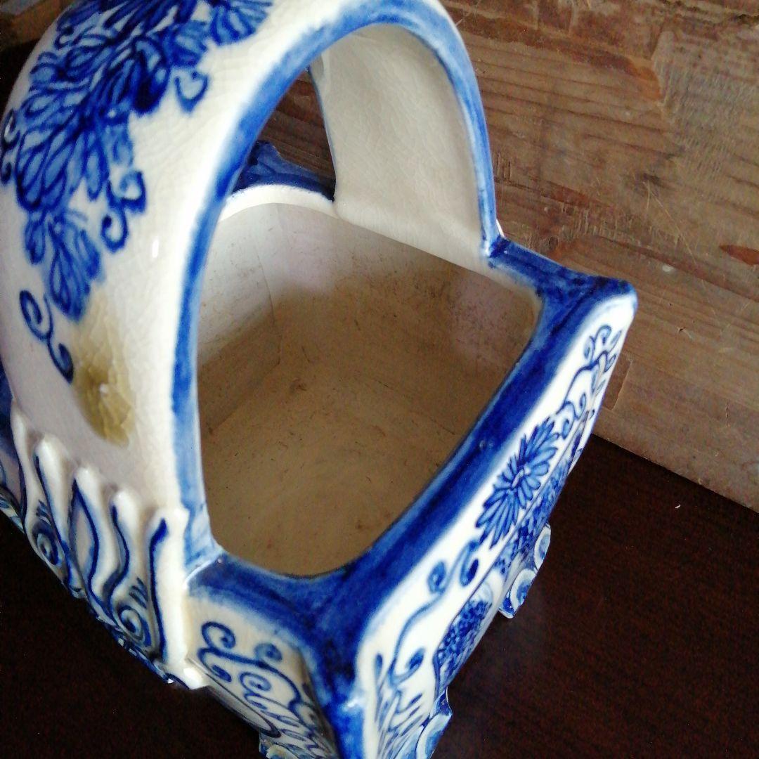 瀬戸焼　染付四方手桶　17.5cm　明治～昭和初期