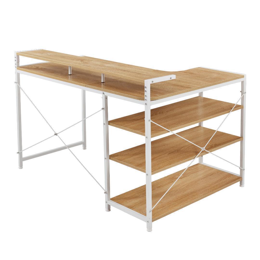 【ナチュラル】パソコンデスク L字 120cm 3段ラック付 ハイデスク付き