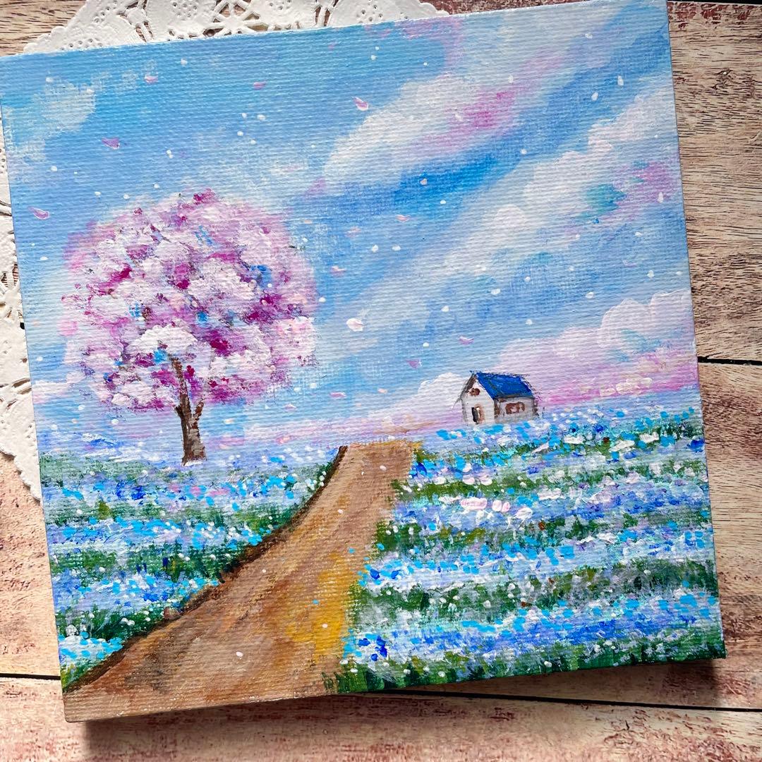 アクリル画 オイルパステル画 桜と青い花咲く丘 キャンバスアート ご